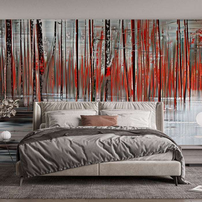 Papier peint abstrait forêt | Rouge et Blanc