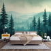 Papier peint forêt verte avec sapins et montagnes pour chambre à coucher moderne