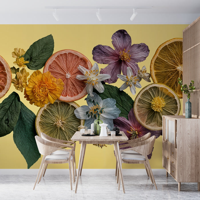 Papier peint floral fruité | Citron et Fleurs Colorées