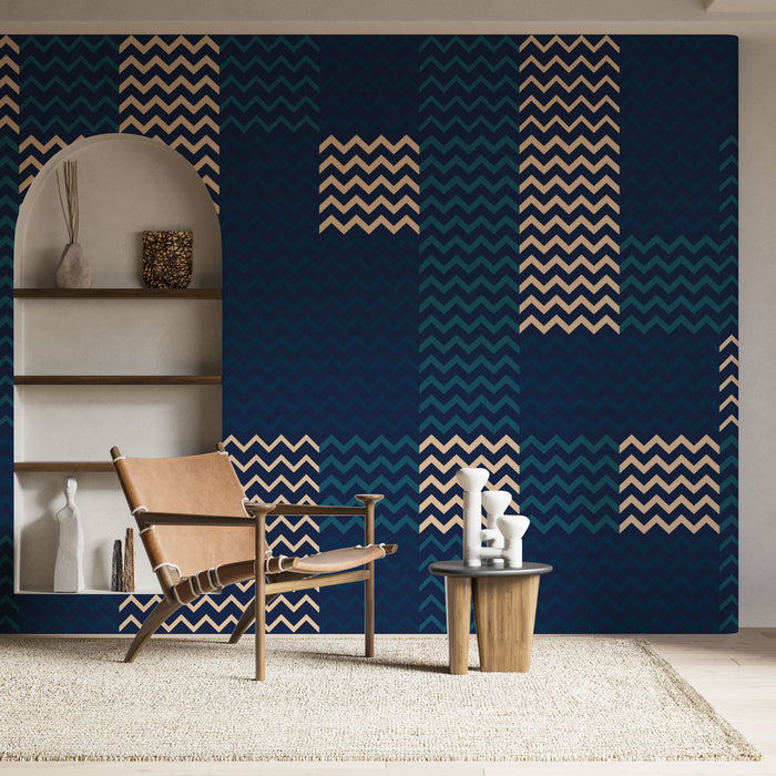 Papier peint zigzag | Bleu marine et beige