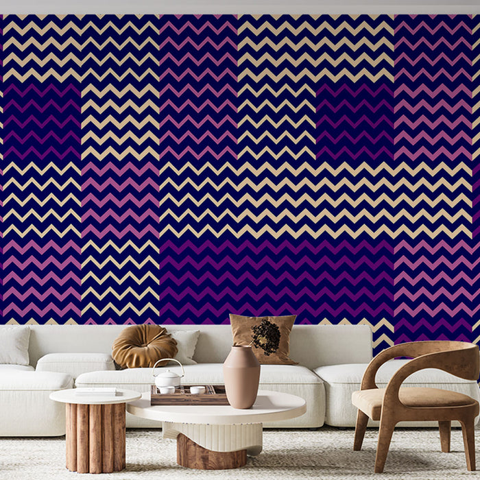 Papier peint zigzag | Violet, rose et beige