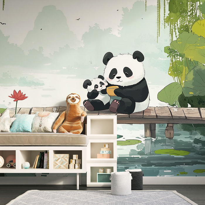 Papier peint panda | Moment paisible sur le ponton