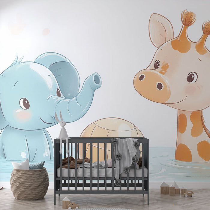 Papier peint animalier | Petit éléphant et girafe enjoués