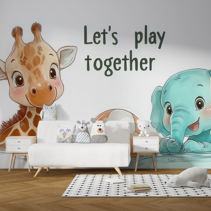 Papier peint Enfant | Girafe et Éléphant Amis