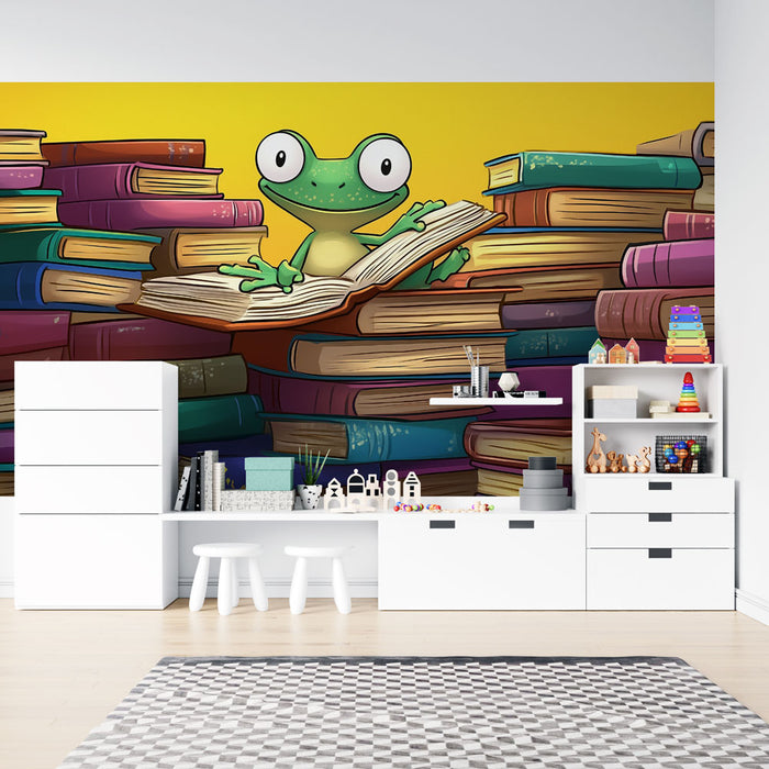 Papier peint Grenouille Lectrice | Illustration Colorée et Amusante