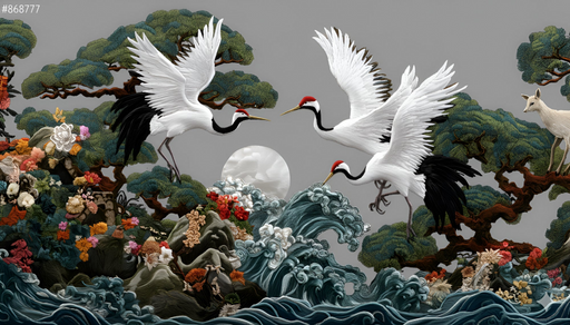 Papier peint nature asiatique Grues et cerf au clair de lune