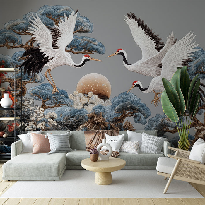 Papier peint grues et nature | Décor asiatique élégant