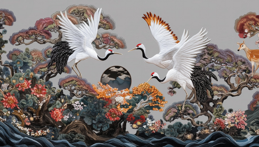 Papier peint Grues et Cerfs Paysage Enchanté