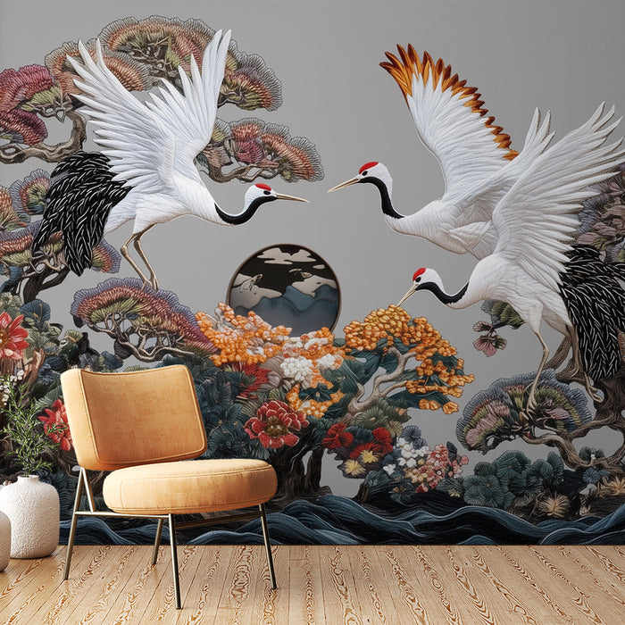 Papier peint Grues et Cerfs | Paysage Enchanté