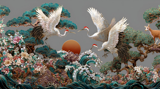 Papier peint paysage asiatique Grues et cerf au coucher du soleil