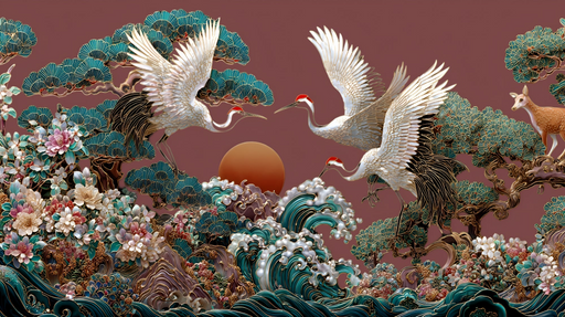 Papier peint grue et cerf Scène naturelle exotique