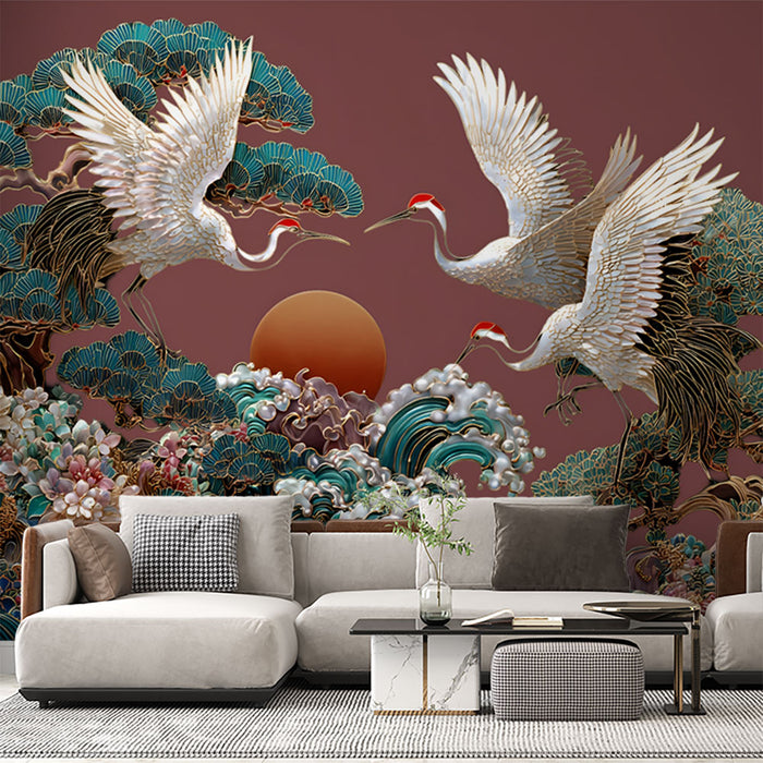 Papier peint grue et cerf | Scène naturelle exotique