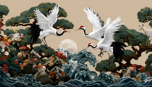 Papier peint nature asiatique Oiseaux et paysage traditionnel
