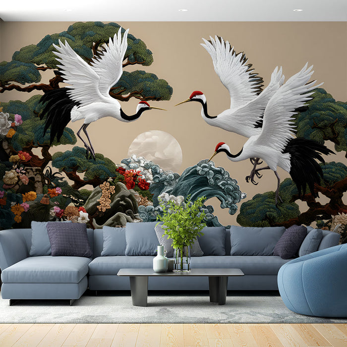 Papier peint nature asiatique | Oiseaux et paysage traditionnel