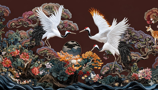 Papier peint Grues et Cerfs Art Oriental Écologique