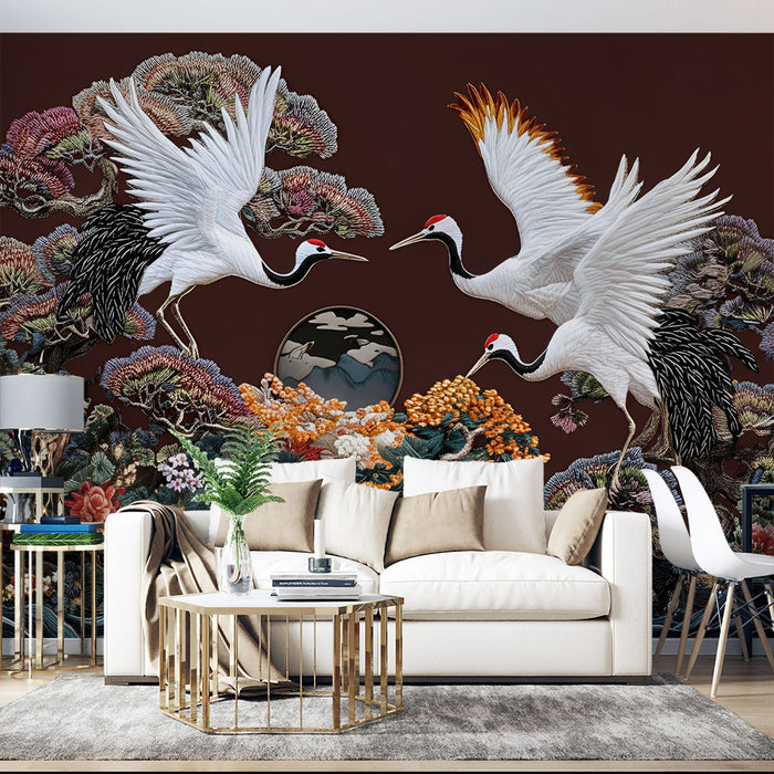 Papier peint Grues et Cerfs | Art Oriental Écologique