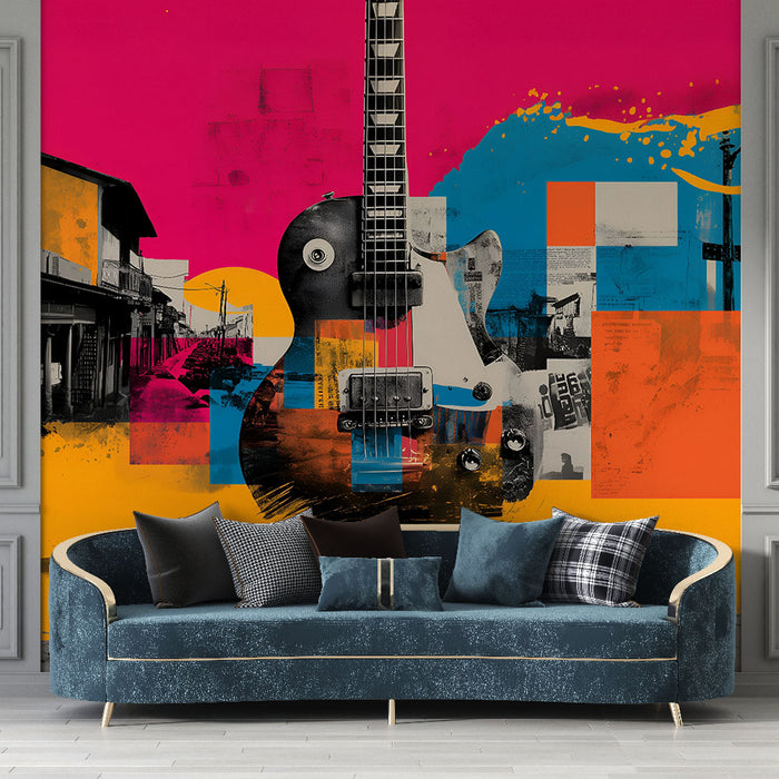 Papier peint guitare rétro | Explosion de couleurs vibrantes