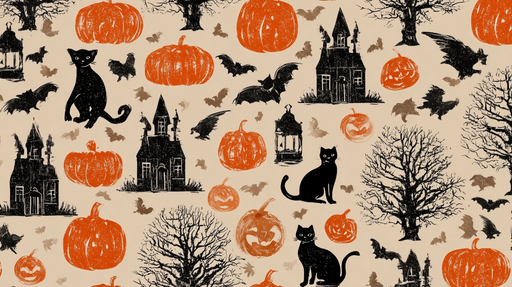 Papier peint Halloween Chat noir et citrouilles