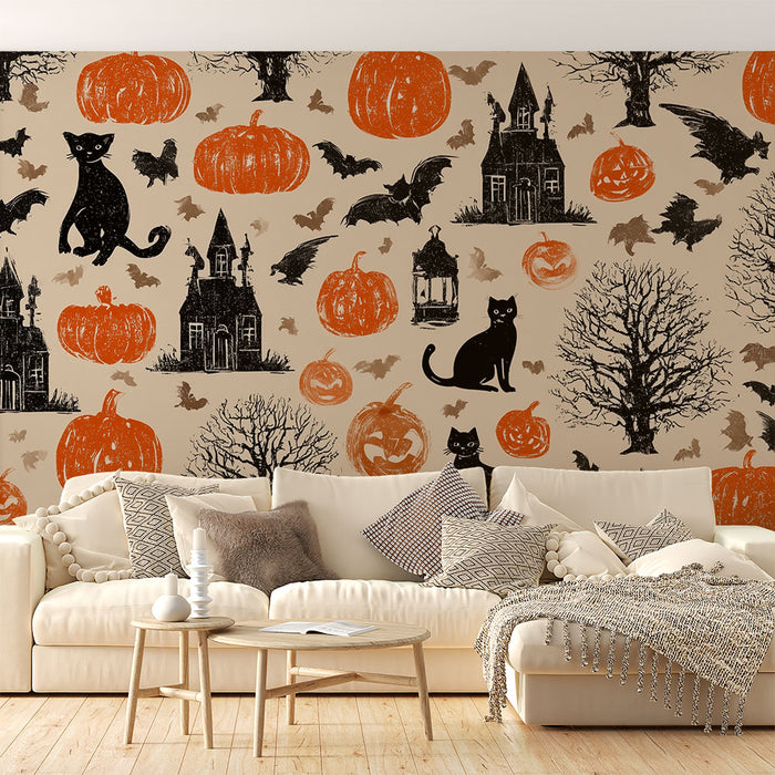 Papier peint Halloween | Chat noir et citrouilles