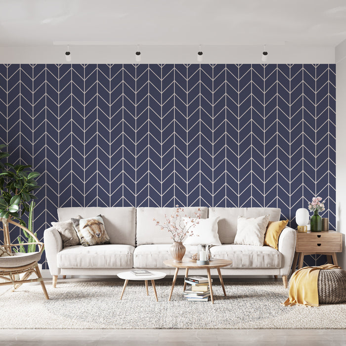 Papier peint à motifs géométriques | Chevron bleu marine et blanc