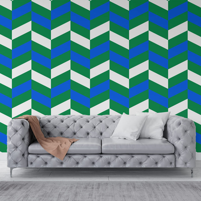 Papier peint chevron | Motif géométrique vert et bleu