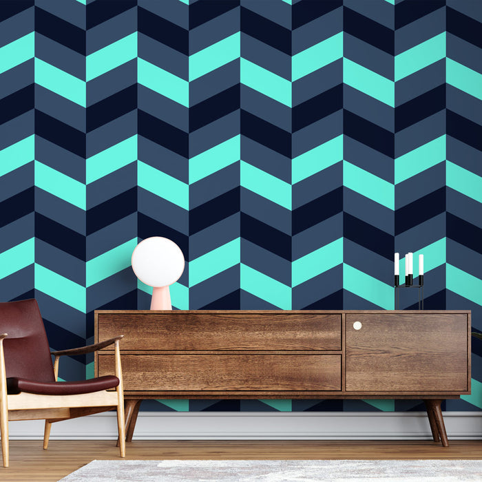 Papier peint chevron | Bleu et turquoise moderne