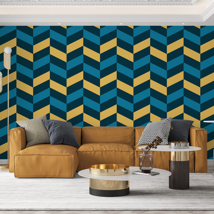 Papier peint géométrique | Motif chevrons bleu et jaune