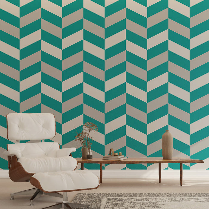 Papier peint chevron | Turquoise et gris moderne