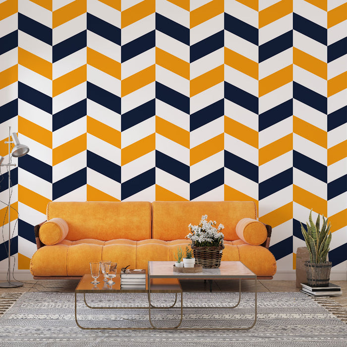 Papier peint à chevrons | Design géométrique bleu marine et orange