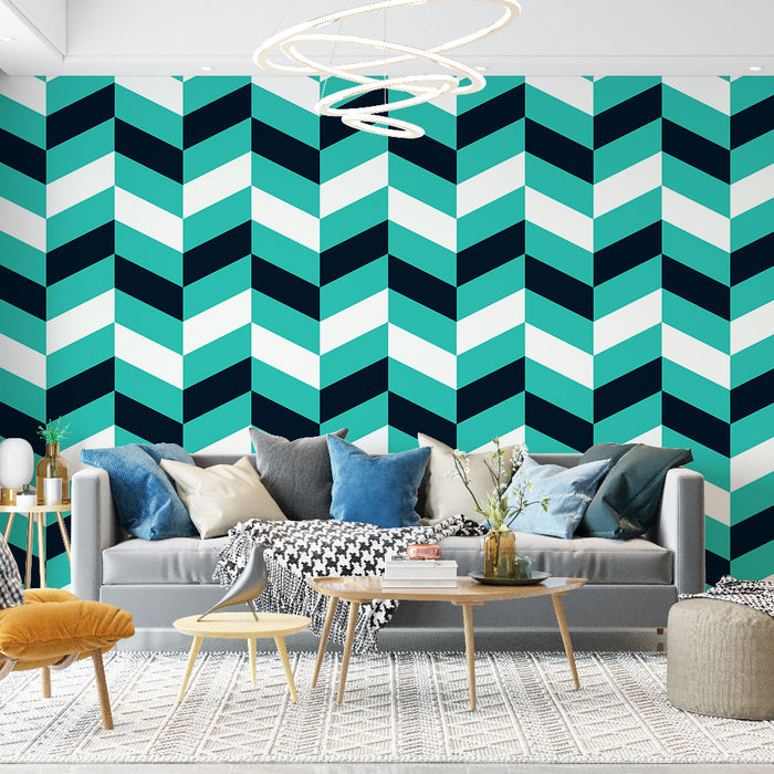 Papier peint chevrons | Motif géométrique bleu et blanc