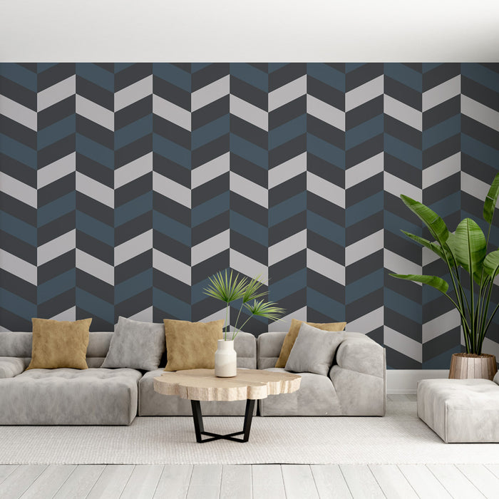 Papier peint chevrons | Motif géométrique bleu et gris