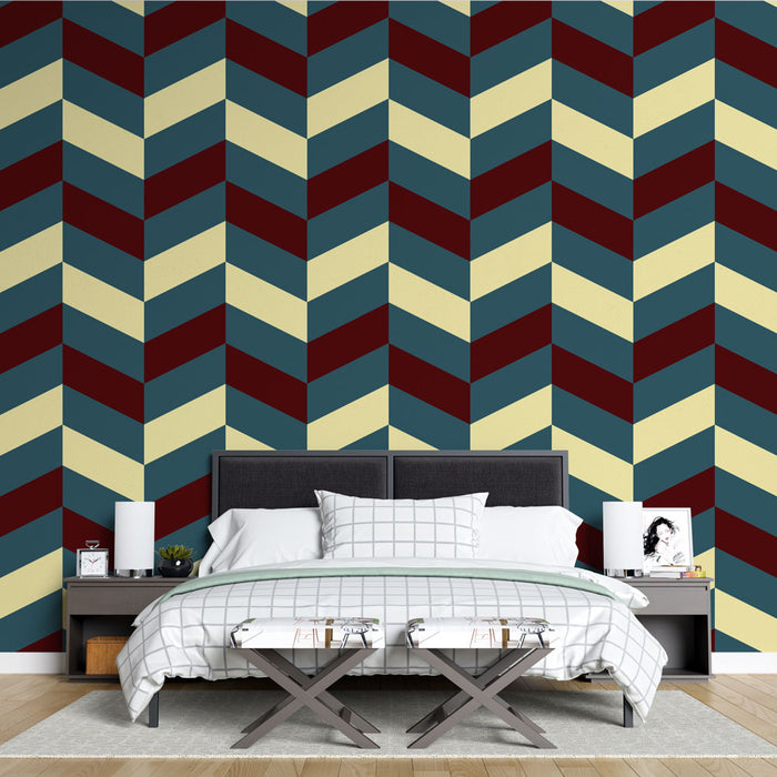 Papier peint chevrons | Style rétro en bleu, bordeaux et crème