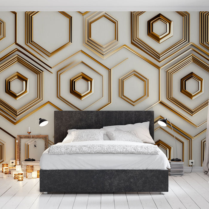 Papier peint hexagonal doré avec motifs géométriques 3D pour chambre moderne