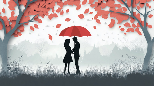 Papier peint romantique Silhouette sous parapluie rouge