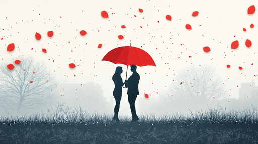 Papier peint romance Silhouette sous parapluie rouge