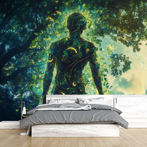 Papier peint mural artistique avec silhouette humaine et feuillage vert pour chambre moderne