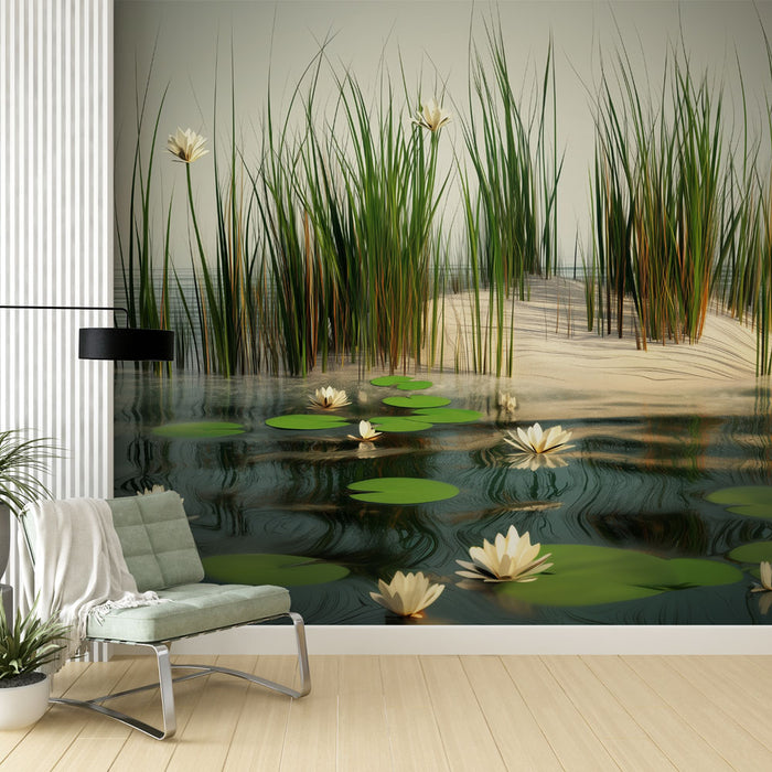 Papier peint Naturel | Étang avec Nénuphars et Roseaux