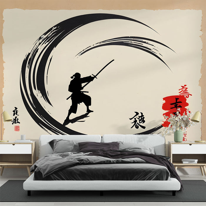 Papier peint samouraï | Silhouette artistique en noir et blanc