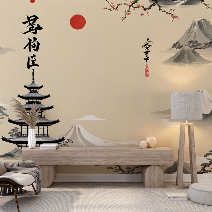 Papier peint paysage asiatique | Montagnes et pagode