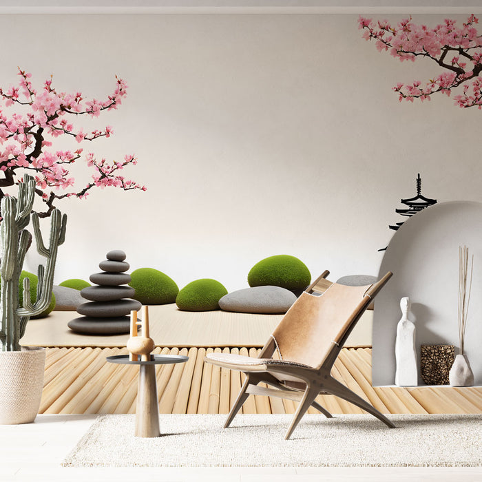 Papier peint zen avec paysage japonais, cerisiers en fleurs et pierres pour salon apaisant.
