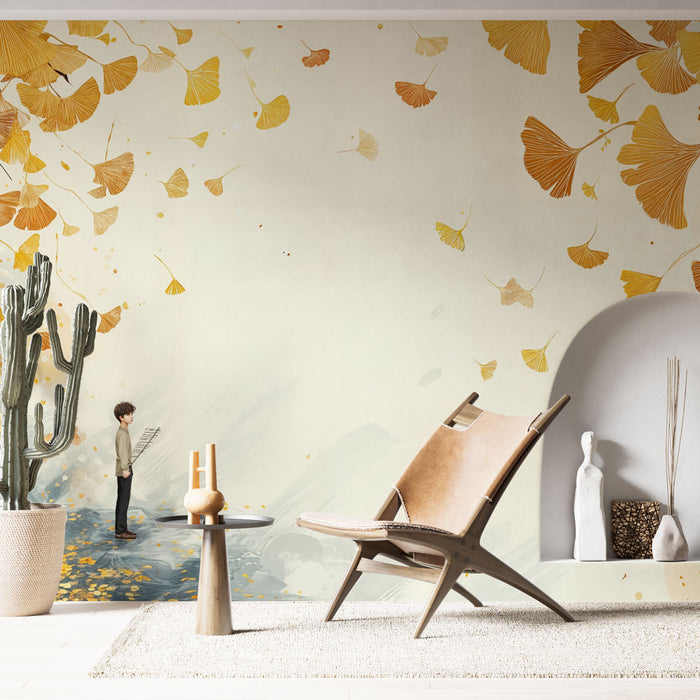 Papier peint automnal | Motif de feuilles dorées