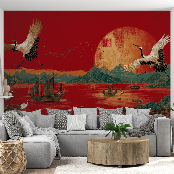 Papier peint Grues et Paysage Asiatique | Rouge et Doré