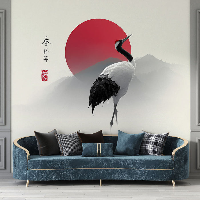 Papier peint grue japonaise | Élégance asiatique minimaliste