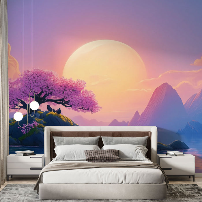 Papier peint paysage japonais avec arbre rose et coucher de soleil pour chambre moderne