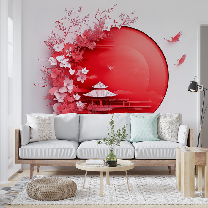 Papier peint japonais | Élégance florale et cercles pagode
