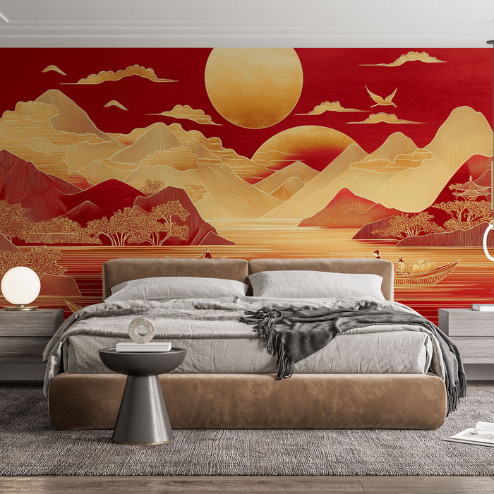 Papier peint paysage asiatique | Éléments dorés et fond rouge