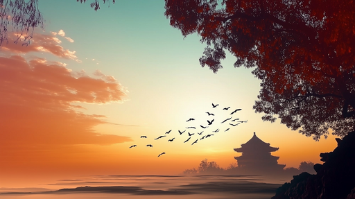 Papier peint coucher de soleil Paysage asiatique serein