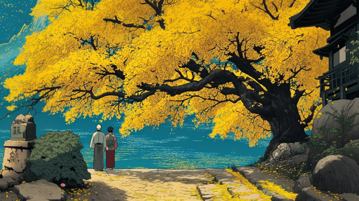 Papier peint Arbre Jaune Illustration Japonisante