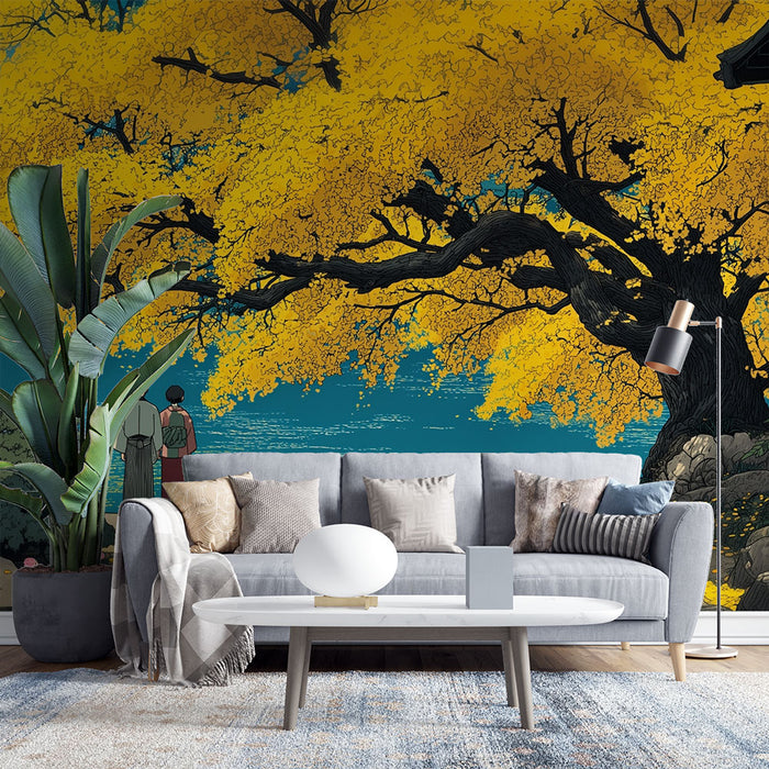 Papier peint Arbre Jaune | Illustration Japonisante