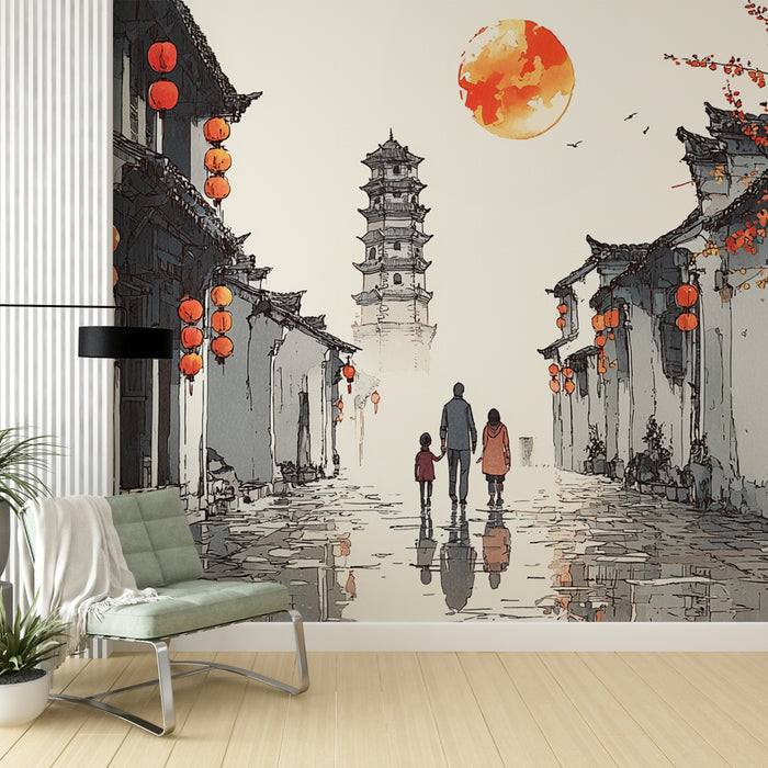 Papier peint paysage traditionnel | Scène avec lanternes et pagode